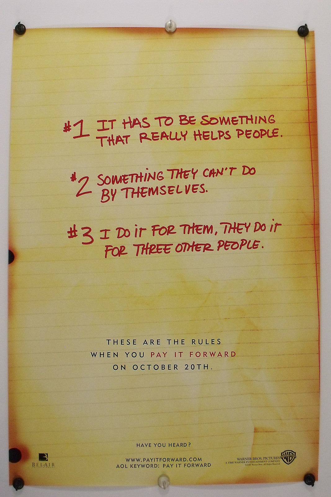 PAY IT FORWARD (3 Things) Haley Joel Osment- Original 1 Sh 2000 Rolled DS C9/C10